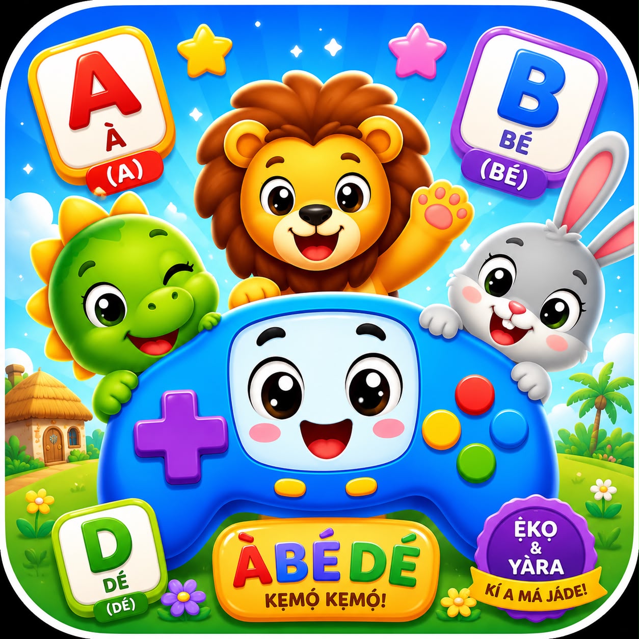 Friendly lion, dragon and rabbit learning Yoruba letters together